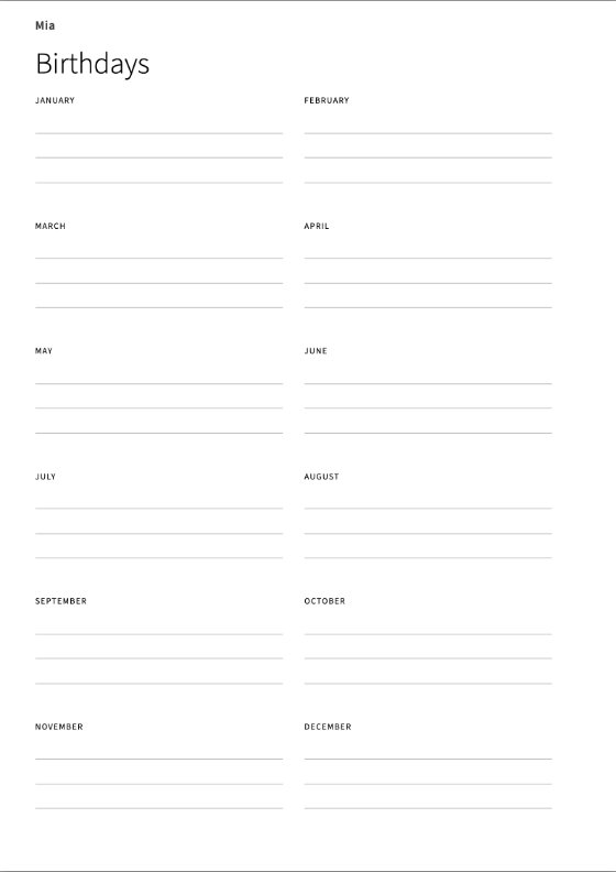 The birthdays page: the twelve months, each with lines to write on