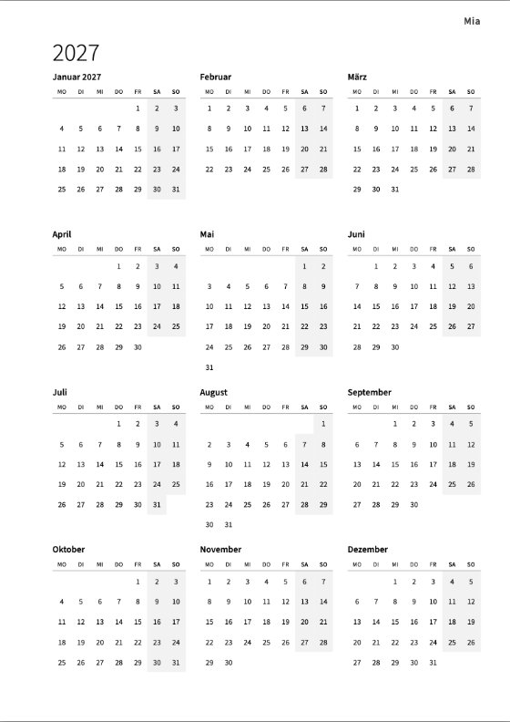 Der Jahreskalender 2027: zwölf kleine Monate auf einer Seite, jede Woche von Montag bis Sonntag, die Wochenenden am Ende jeder Zeile grau hinterlegt