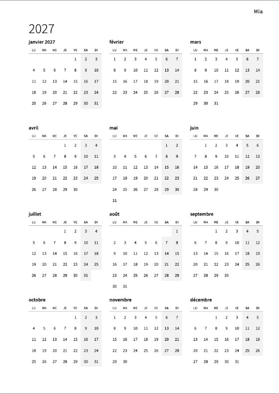 Le calendrier annuel 2027 : douze petits mois sur une page, chaque semaine du lundi au dimanche, les week-ends grisés au bout de chaque ligne