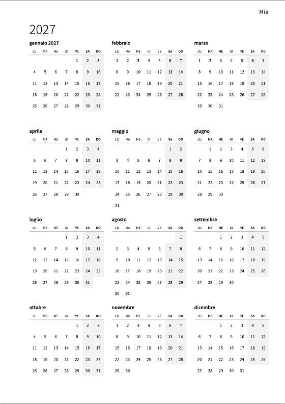Il calendario annuale 2027: dodici piccoli mesi su una pagina, ogni settimana da lunedì a domenica, i fine settimana in grigio alla fine di ogni riga