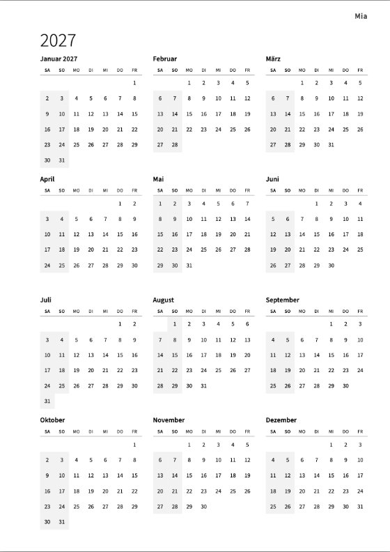 Der Jahreskalender 2027: zwölf kleine Monate auf einer Seite, jede Woche von Samstag bis Freitag, die Wochenenden am Anfang jeder Zeile grau hinterlegt