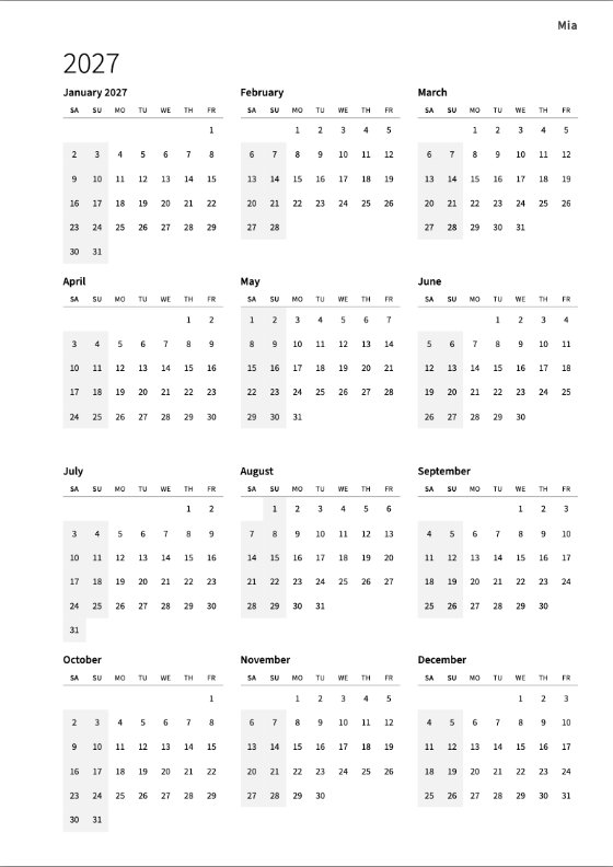 The 2027 year calendar: twelve small months on one page, each week from Saturday to Friday, the weekends shaded at the start of every row