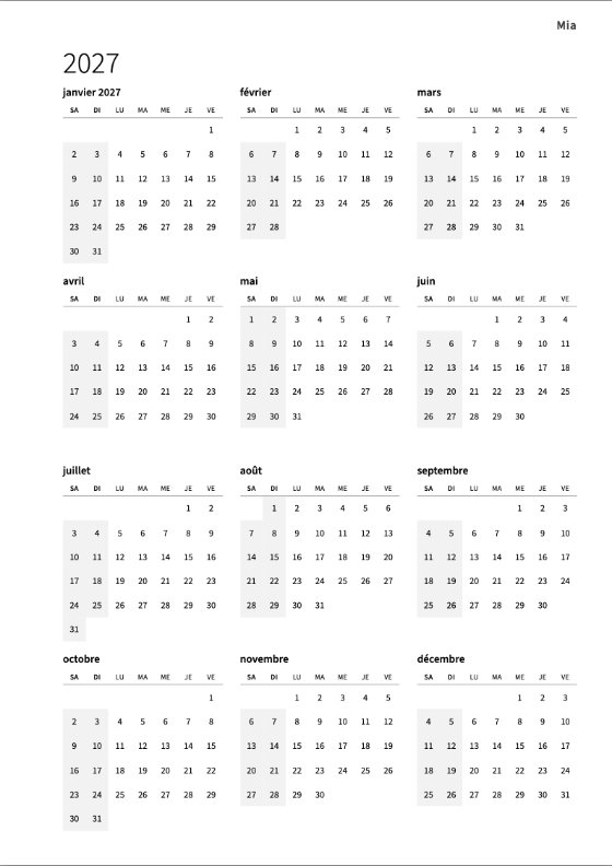 Le calendrier annuel 2027 : douze petits mois sur une page, chaque semaine du samedi au vendredi, les week-ends grisés au début de chaque ligne