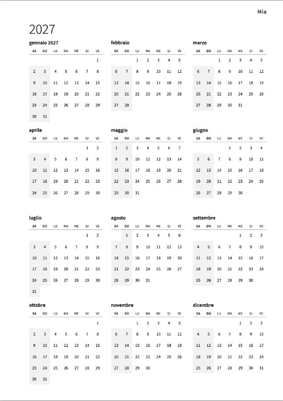 Il calendario annuale 2027: dodici piccoli mesi su una pagina, ogni settimana da sabato a venerdì, i fine settimana in grigio all’inizio di ogni riga