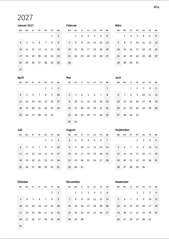 Der Jahreskalender 2027: zwölf kleine Monate auf einer Seite, jede Woche von Sonntag bis Samstag, die Wochenenden an beiden Enden jeder Zeile grau hinterlegt