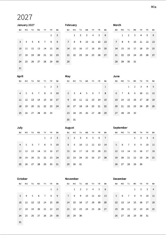 The 2027 year calendar: twelve small months on one page, each week from Sunday to Saturday, the weekends shaded at both ends of every row