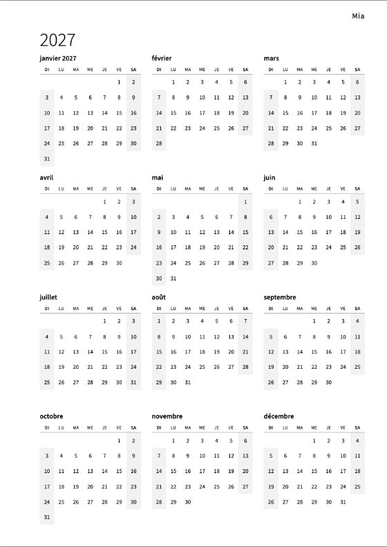 Le calendrier annuel 2027 : douze petits mois sur une page, chaque semaine du dimanche au samedi, les week-ends grisés aux deux bouts de chaque ligne