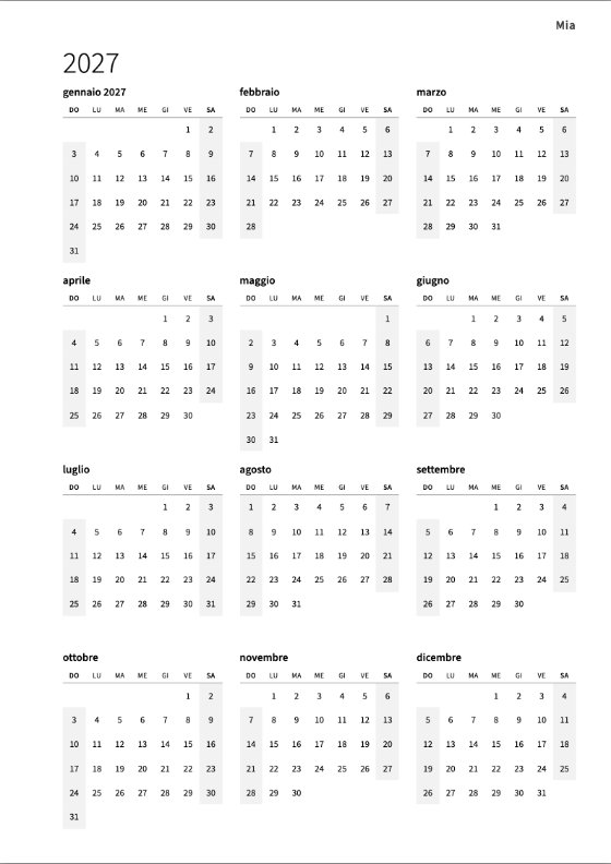 Il calendario annuale 2027: dodici piccoli mesi su una pagina, ogni settimana da domenica a sabato, i fine settimana in grigio ai due capi di ogni riga