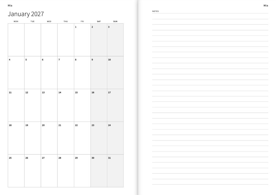January 2027 at a glance: the month as a grid with a box for every day on the left, lines for notes on the right