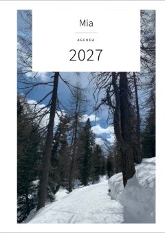 Umschlag mit dem Foto eines verschneiten Wegs unter hohen Lärchen: Mia, Agenda, 2027