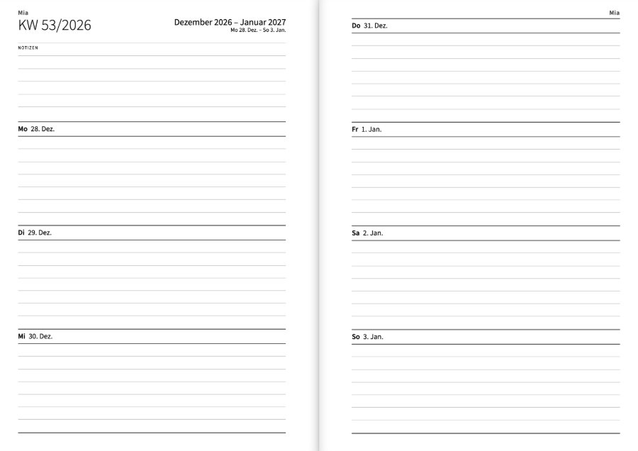 Die erste Woche der Agenda als Doppelseite: Montag bis Mittwoch links unter Platz für Notizen, Donnerstag bis Sonntag rechts, jeder Tag mit Linien zum Schreiben