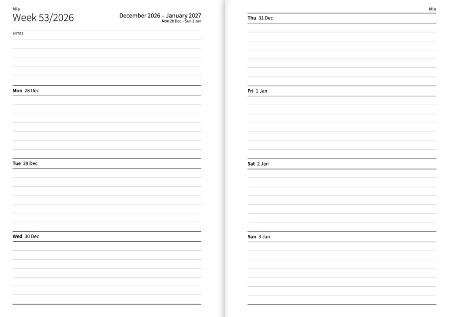 The first week of the planner as a double page: Monday to Wednesday on the left below space for notes, Thursday to Sunday on the right, every day with lines to write on