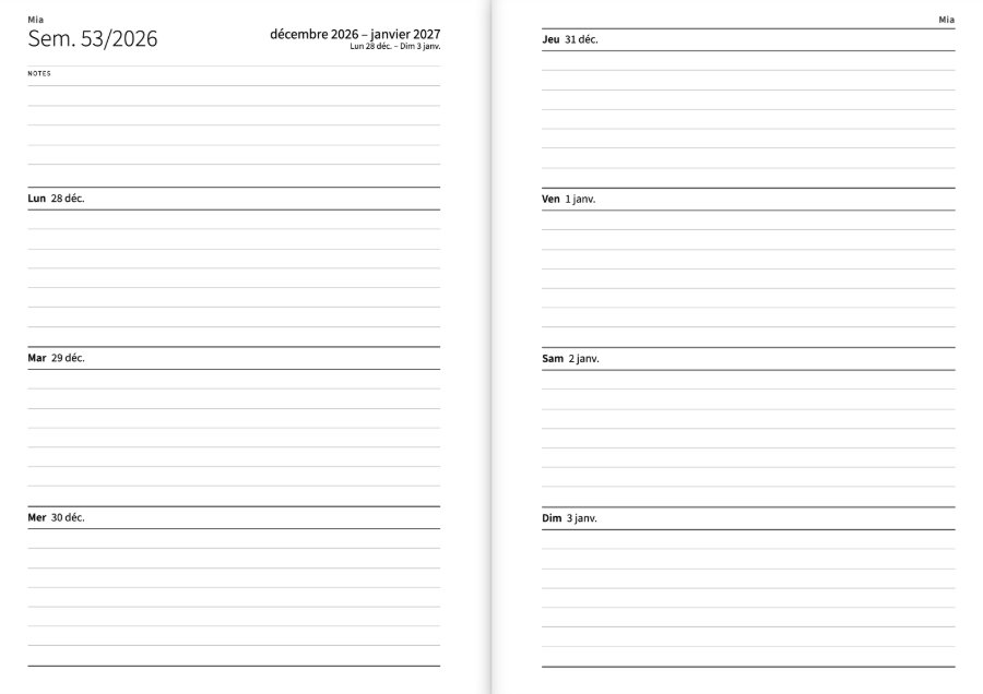 La première semaine de l’agenda en double page : du lundi au mercredi à gauche sous de la place pour les notes, du jeudi au dimanche à droite, chaque jour avec des lignes pour écrire