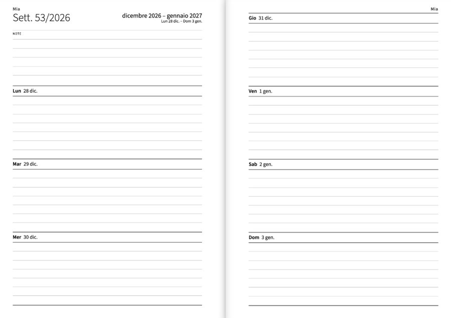 La prima settimana dell’agenda come doppia pagina: da lunedì a mercoledì a sinistra sotto lo spazio per le note, da giovedì a domenica a destra, ogni giorno con le righe per scrivere